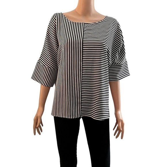 Emelia shirt blouse black white striped like new key hole back loose fit small - Picture 1 of 6